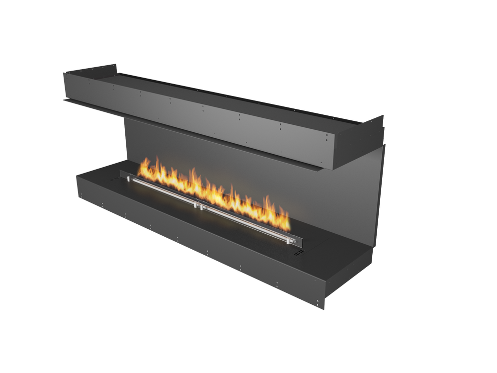Modern black freestanding fireplace with flames on a white background