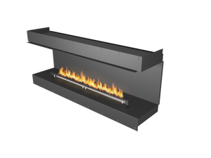 Modern black freestanding fireplace with flames on a white background