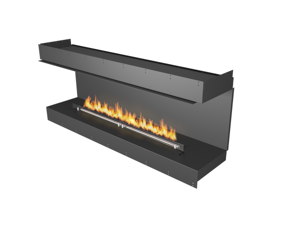 Modern black freestanding fireplace with flames on a white background