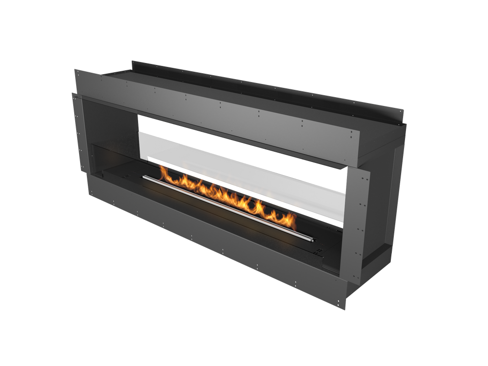 Modern black fireplace with flames on a white background