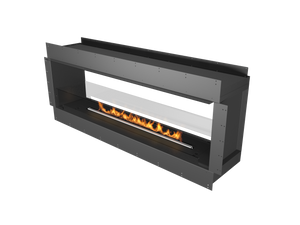 Modern black fireplace with flames on a white background