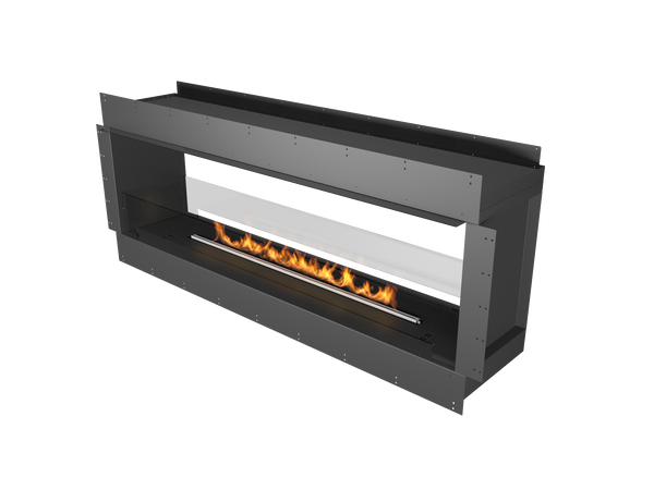 Modern black fireplace with flames on a white background