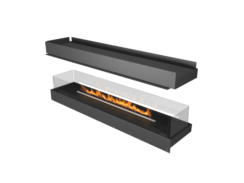 Modern black fireplace insert with visible flames on a white background