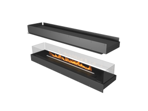 Modern black fireplace insert with visible flames on a white background