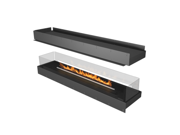 Modern black fireplace insert with visible flames on a white background