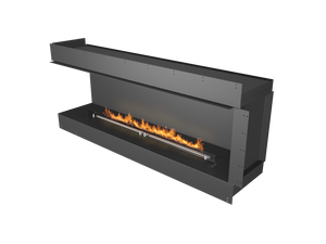 Modern black fireplace with flames on a white background