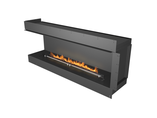 Modern black fireplace with flames on a white background