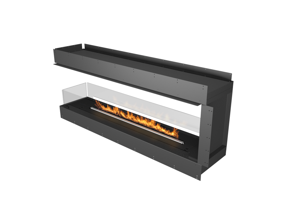 Modern black fireplace with flames on a white background