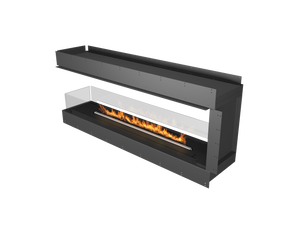 Modern black fireplace with flames on a white background