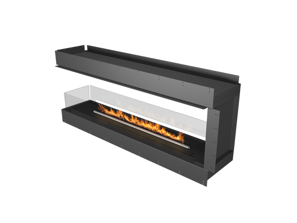 Modern black fireplace with flames on a white background