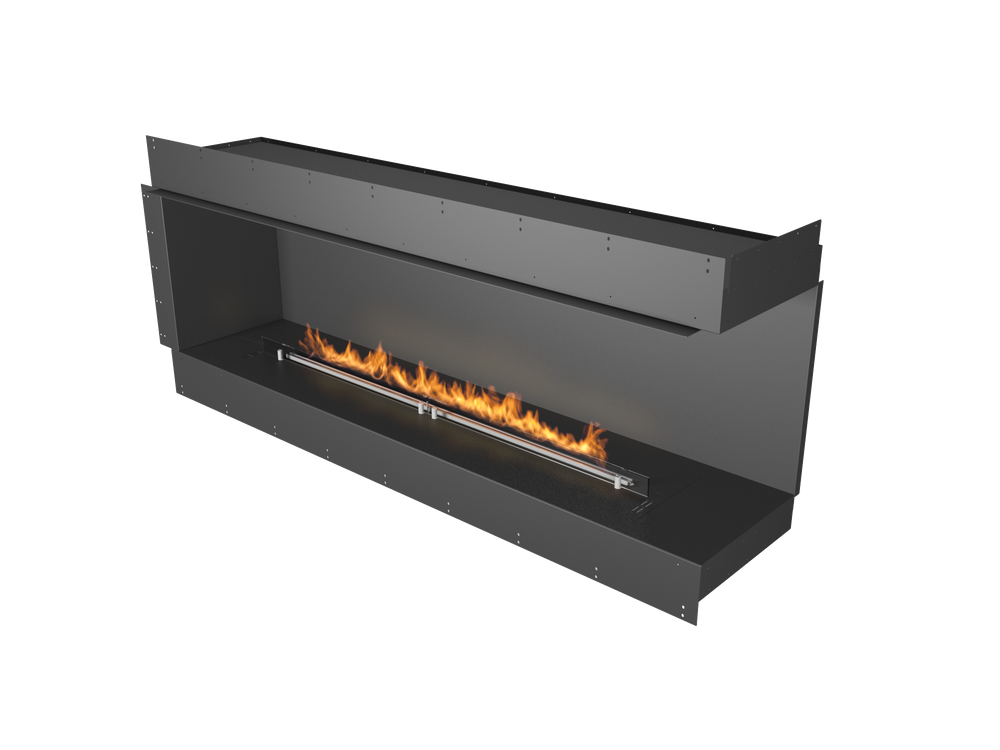 Modern black fireplace with visible flames on a white background
