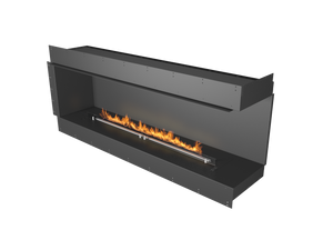 Modern black fireplace with visible flames on a white background