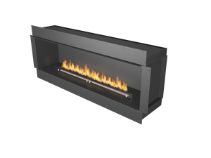Modern black fireplace with flames on a white background