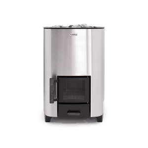Narvi NC Wood Burning Sauna Heater filled with grey sauna stones on a white background