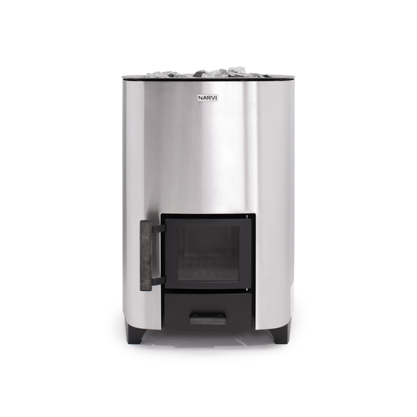 Narvi NC Wood Burning Sauna Heater filled with grey sauna stones on a white background