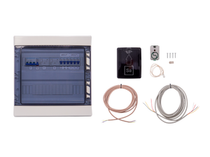 Electrical panel with wiring and components on a white background