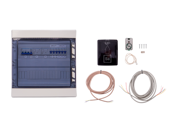 Electrical panel with wiring and components on a white background