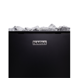 Narvi NC Wood Burning Sauna Heater filled with grey sauna stones on a white background