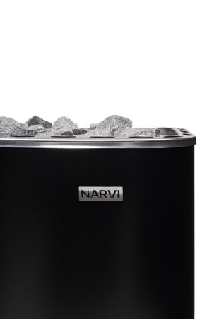 Black electric sauna heater with stones on top, branded 'Narvi', on a white background