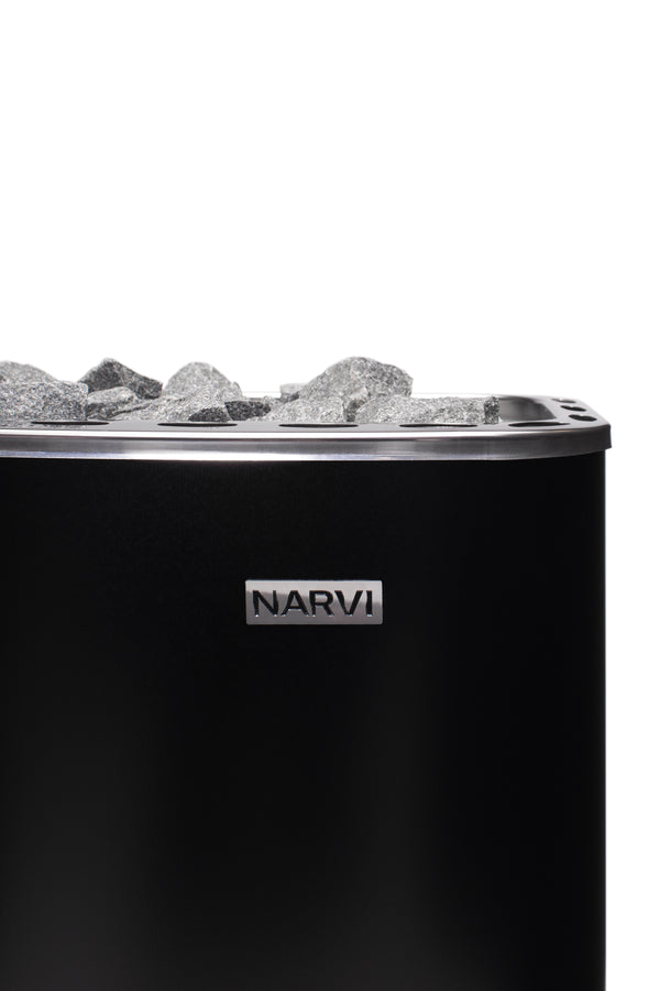 Black electric sauna heater with stones on top, branded 'Narvi', on a white background