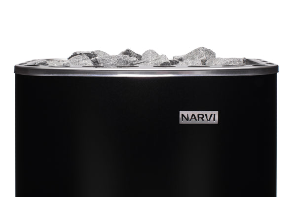 Black electric sauna heater with stones on top, branded 'Narvi', on a white background