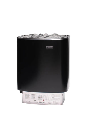 Black electric sauna heater with stones on top, branded 'Narvi', on a white background