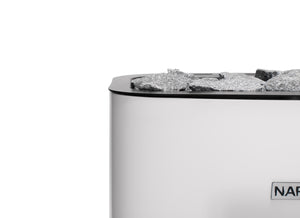 Narvi electric sauna heater filled with grey sauna stones on a white background 