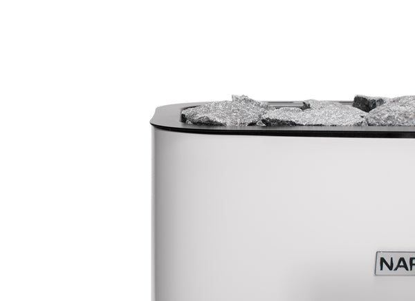 Narvi electric sauna heater filled with grey sauna stones on a white background 