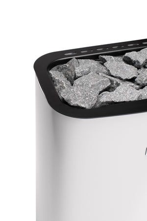 Narvi electric sauna heater filled with grey sauna stones on a white background 