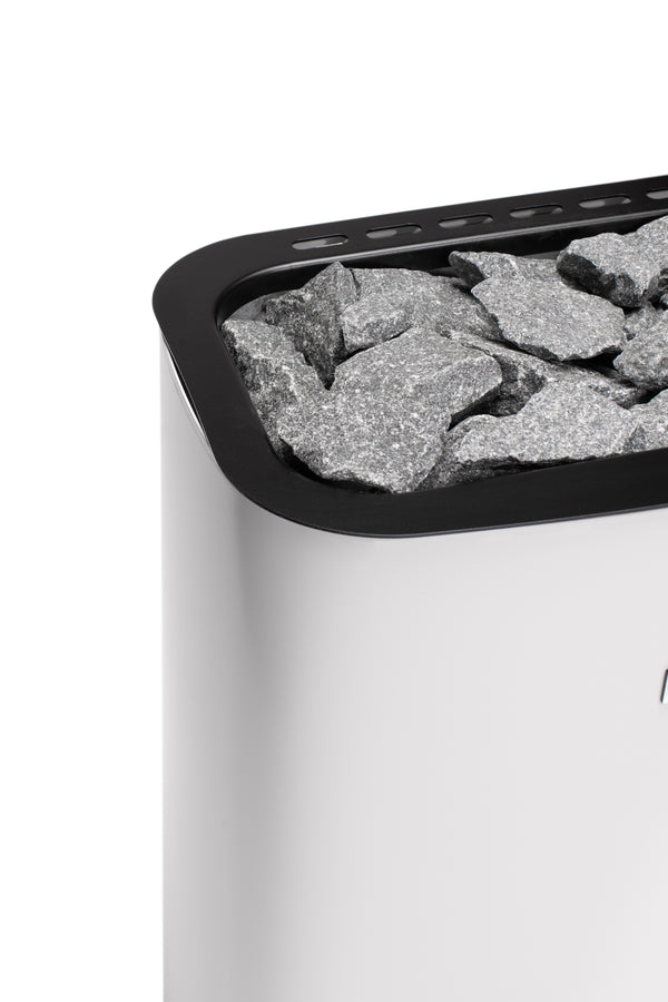 Narvi electric sauna heater filled with grey sauna stones on a white background 