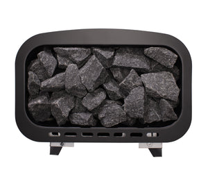 Narvi electric sauna heater filled with grey sauna stones on a white background 
