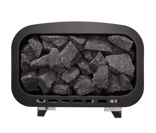 Narvi electric sauna heater filled with grey sauna stones on a white background 