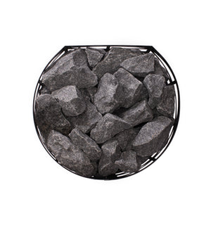 Narvi Saana Black Electric Sauna Heater filled with grey sauna stones on a white background