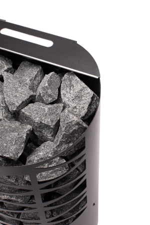 Narvi black electric sauna heater filled with grey sauna stones on a white background
