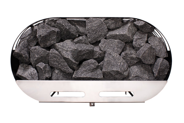 Narvi electric sauna heater filled with grey sauna stones on a white background