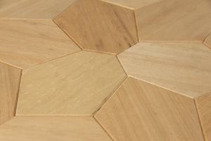 Hexagonal wooden tiles arranged in a pattern