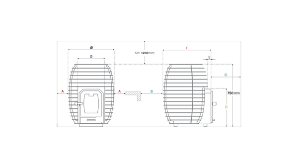 Technical drawing of a cylindrical object with dimensions on a white background
