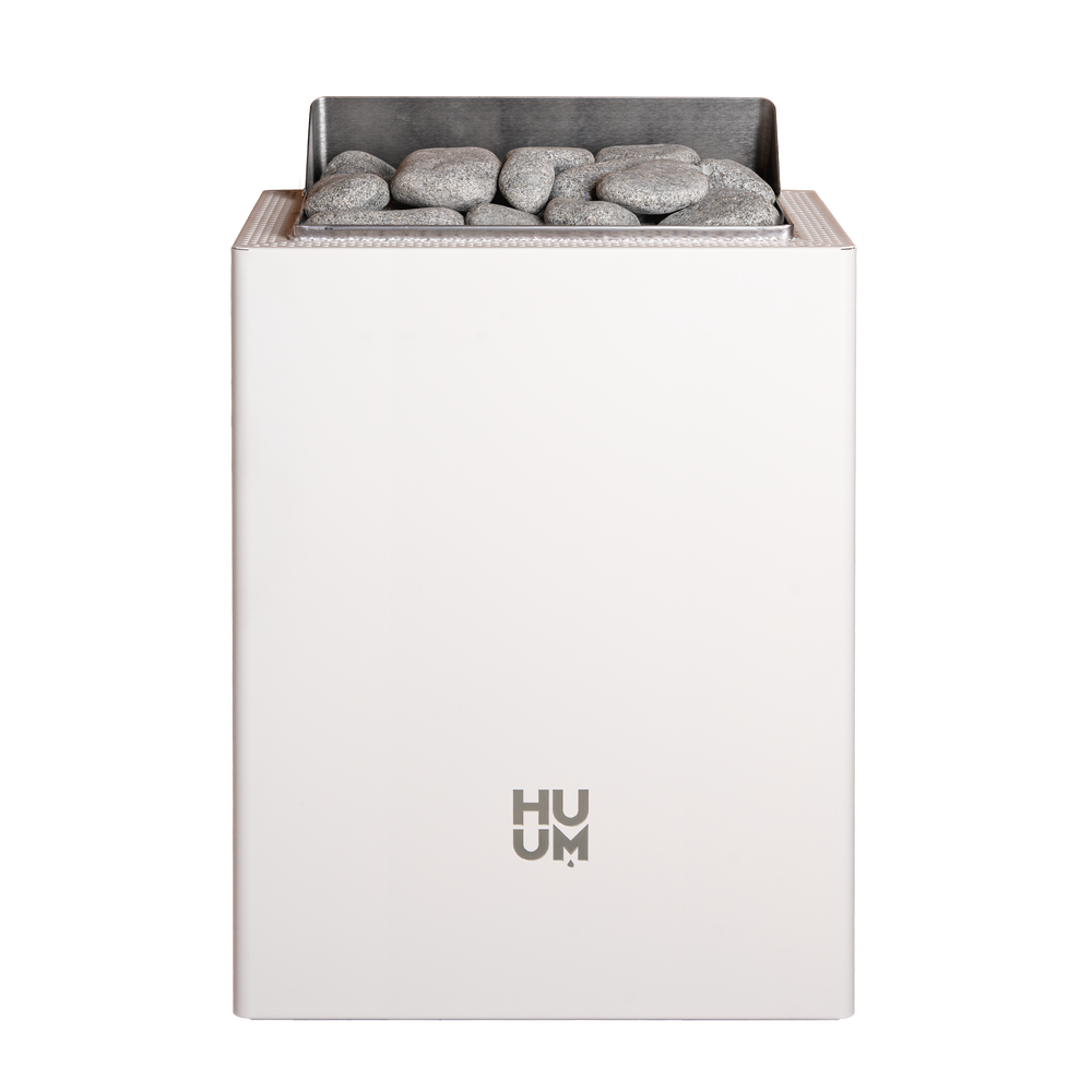 HUUM white electric sauna heater with grey stones on a white background