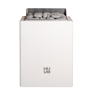 HUUM white electric sauna heater with grey stones on a white background