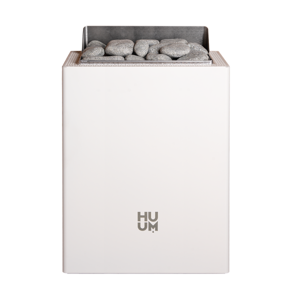 HUUM white electric sauna heater with grey stones on a white background