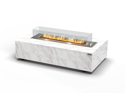 Modern fire pit table with white marble-like surface and visible flames on a white background