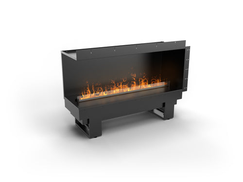 Modern outdoor fireplace with glowing embers on a white background
