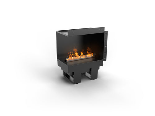 Modern black fireplace with flames on a white background