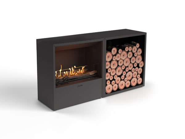 Modern fireplace with built-in log storage on a white background