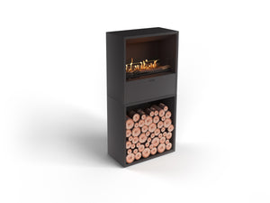 Modern black firebox with electric fire and stacked logs on a white background