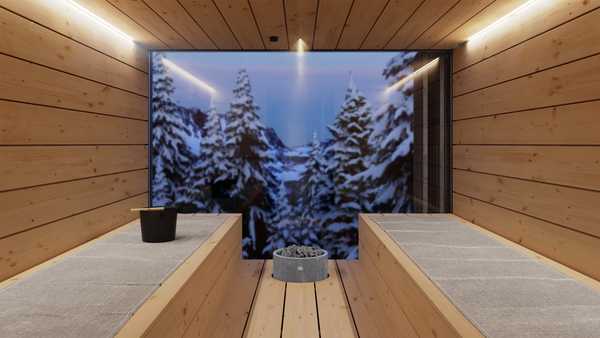 Electric sauna heater in a wooden sauna interior with view of a snowy forest scene.