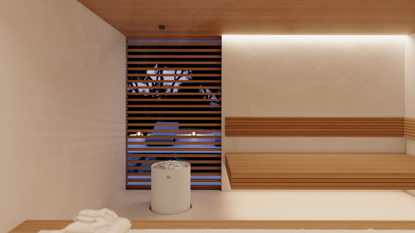 Modern interior with wooden bench, white candle, and striped wall design.