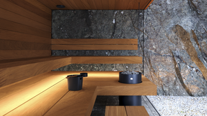 Tulikivi Usva L Black Electric Sauna Heater in a wooden sauna 