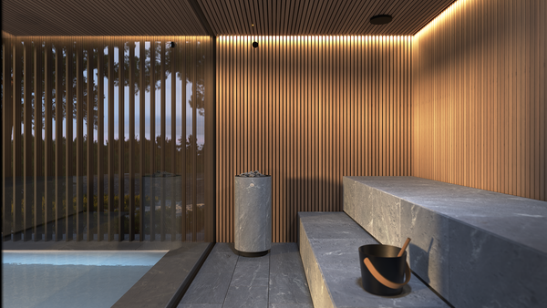 Round Soapstone Cladded Electric Sauna Heater Tulikivi Kaarna Classic, Inside sauna Outdoor Sauna With Soapstone Benches, From Inside