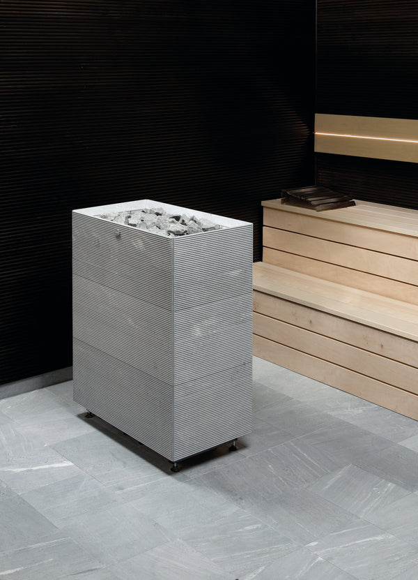 Square Ribbed Soapstone Cladded Electric Sauna Heater Tulikivi Tuisku XL S2 In Sauna